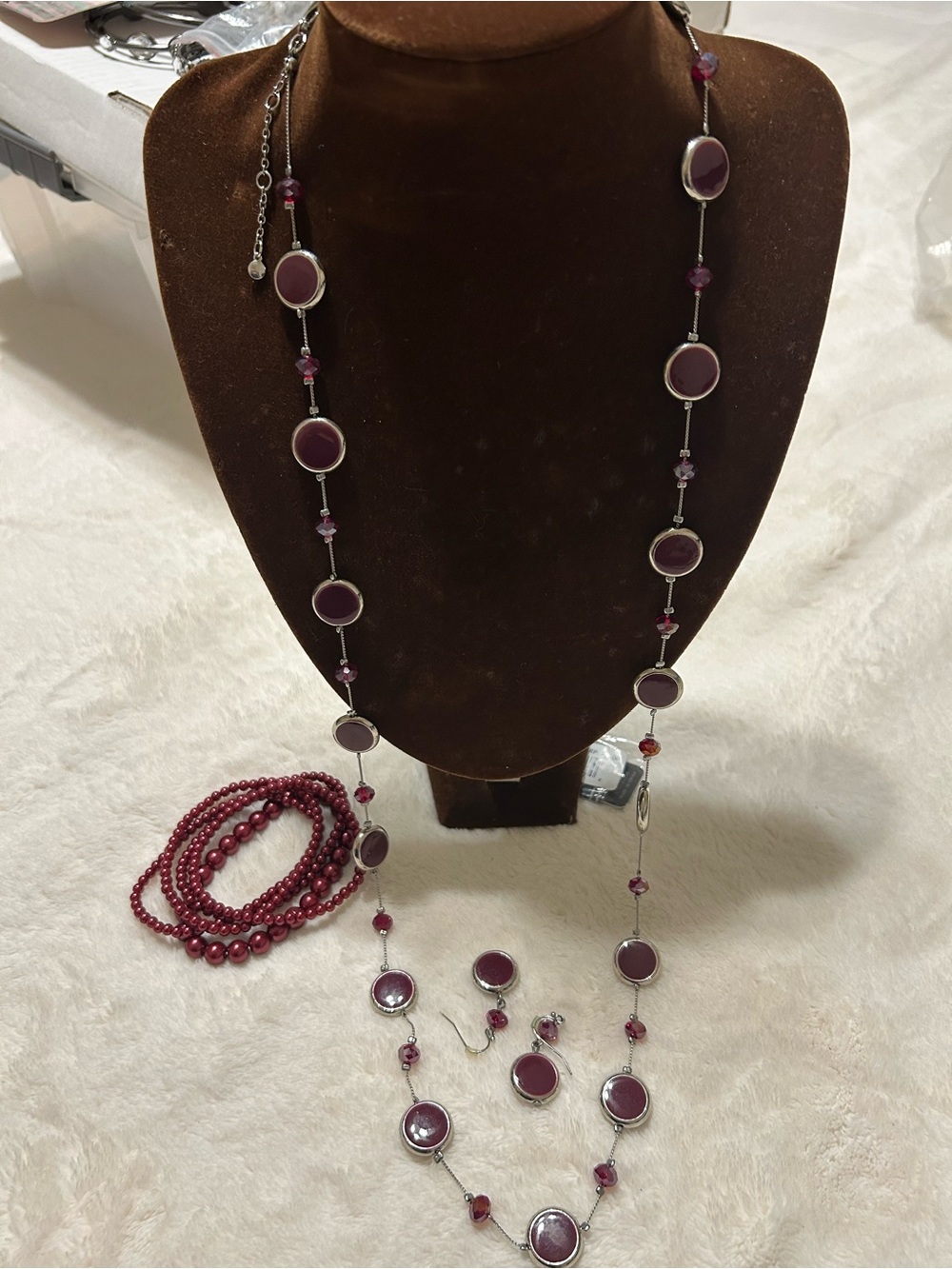 Long Purple Bead Station Necklace and Earring Set - Women Jewelry